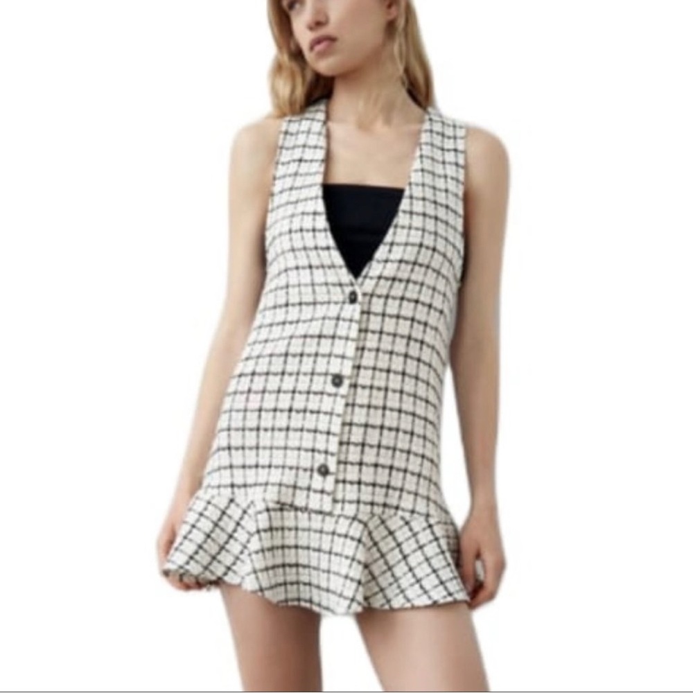 ZARA PLAID DRESS PINAFORE ECRU / BLACK | 2841/519 NWT SIZE M